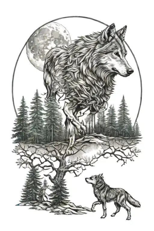 wolves running and howling in a forest at a moon that in the center of it has a wolf and horse  tattoo design idea