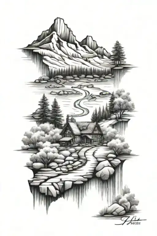 mountain river house road tattoo design idea