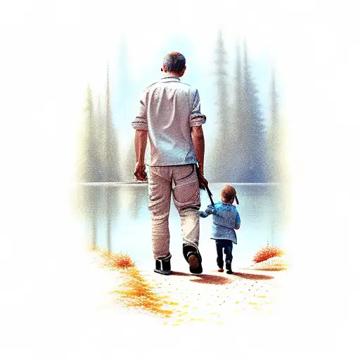 kid and grandfather walking towards a lake tattoo design idea
