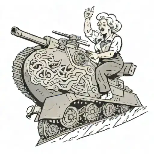 Angry Old woman riding a tank. The woman is holding up her middle fingers. tattoo design idea