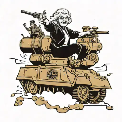 Angry Old woman riding a tank. The woman is holding up her middle fingers. tattoo design idea