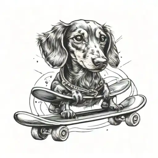 dachshund on a skateboard with a knife in its mouth tattoo design idea