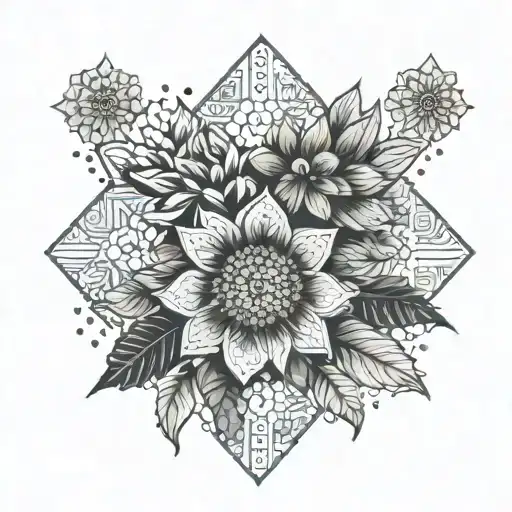 Design a geometric pattern inspired by Mexican tile art with hidden sunflowers tattoo design idea