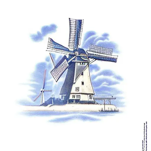 Dutch windmill tattoo design in delft blue, I want it to include tulips, a hammer tattoo design idea
