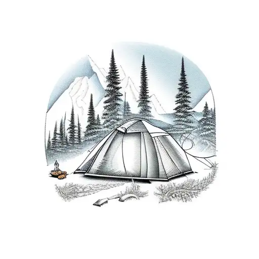 camping in mountains with fire tattoo design idea