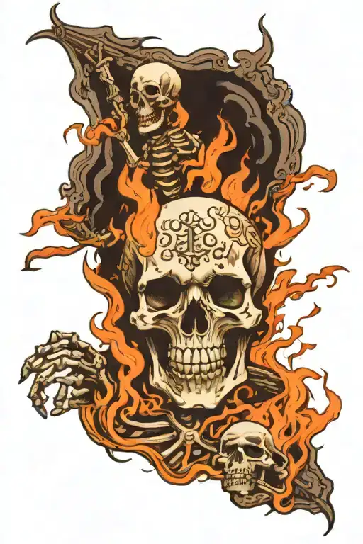 Skeleton suffering burning in hell towards heaven vs hell tattoo design idea