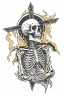 Skeleton suffering burning in hell towards heaven vs hell tattoo design idea