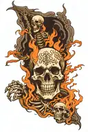 Skeleton suffering burning in hell towards heaven vs hell tattoo design idea