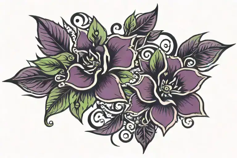 Tribal bracelet forearm tattoo. With Dark purple flowers over and leaf and torns in Dark green tattoo design idea