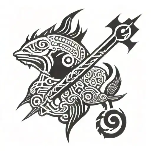 Deity Shelknam TImaukel, a harpoon or something related to the yagans and related to Tierra del Fuego tattoo design idea
