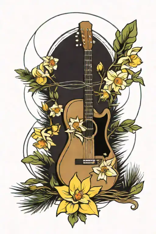 guitar strings pine trees daffodils tattoo design idea