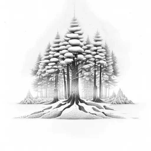 4 pine tree silouhettes overlapping with intertwined roots  tattoo design idea