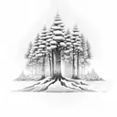 4 pine tree silouhettes overlapping with intertwined roots  tattoo design idea