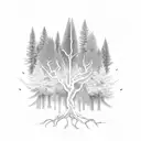 4 pine tree silouhettes overlapping with intertwined roots  tattoo design idea