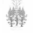 4 pine tree silouhettes overlapping with intertwined roots  tattoo design idea