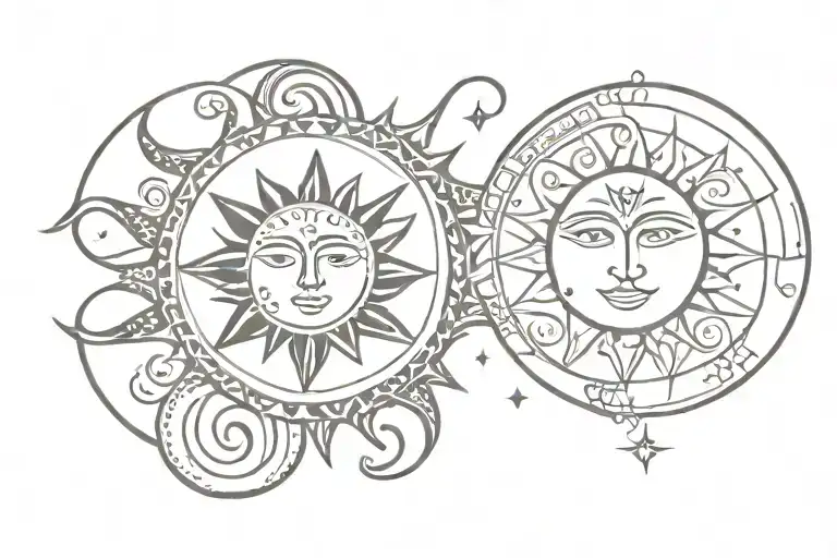 Sun and moon looking at each other, with small geometric designs tribal tattoo design idea