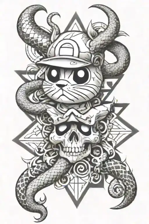 Maltese cross, super Mario, pikachu, snakes, skulls and geometric patterns on a Smokey background tattoo design idea