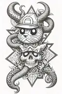 Maltese cross, super Mario, pikachu, snakes, skulls and geometric patterns on a Smokey background tattoo design idea