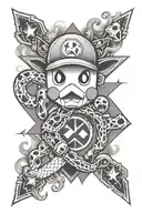 Maltese cross, super Mario, pikachu, snakes, skulls and geometric patterns on a Smokey background tattoo design idea
