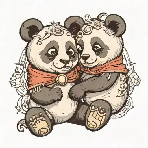 A big cute cartoon panda with a halo has his arms over a small panda and both looking away tattoo design idea