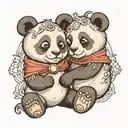 A big cute cartoon panda with a halo has his arms over a small panda and both looking away tattoo design idea