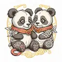 A big cute cartoon panda with a halo has his arms over a small panda and both looking away tattoo design idea