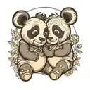 A big cute cartoon panda with a halo has his arms over a small panda and both looking away tattoo design idea