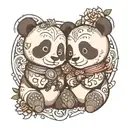 A big cute cartoon panda with a halo has his arms over a small panda and both looking away tattoo design idea