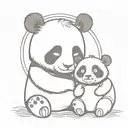 A big cute cartoon panda with a halo has his arms over a small panda and both looking over the horizon tattoo design idea