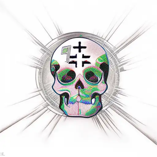 Japanese-inspired abstract art with a Jesus Cross surrounded by roses and a skull in between the cross tattoo design idea