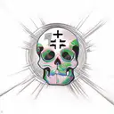 Japanese-inspired abstract art with a Jesus Cross surrounded by roses and a skull in between the cross tattoo design idea