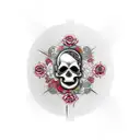 Japanese-inspired abstract art with a Jesus Cross surrounded by roses and a skull in between the cross tattoo design idea