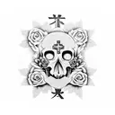 Japanese-inspired abstract art with a Jesus Cross surrounded by roses and a skull in between the cross tattoo design idea