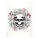 Japanese-inspired abstract art with a Jesus Cross surrounded by roses and a skull in between the cross tattoo design idea