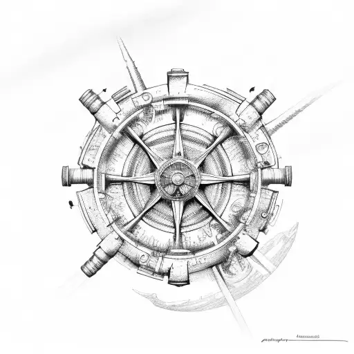 A sketch-style illustration of a ship's wheel surrounded by nautical elements tattoo design idea