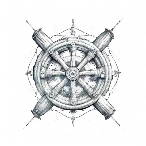 A sketch-style illustration of a ship's wheel surrounded by nautical elements tattoo design idea