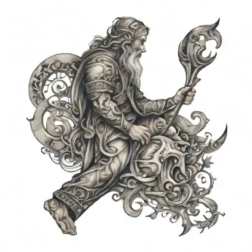 patchwork sleeve of biblical imagery tattoo design idea