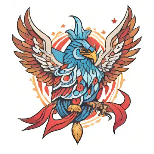 an abstract tattoo of stolas character from helluva boss with magi in drop shape all in blue purple red  tattoo design idea