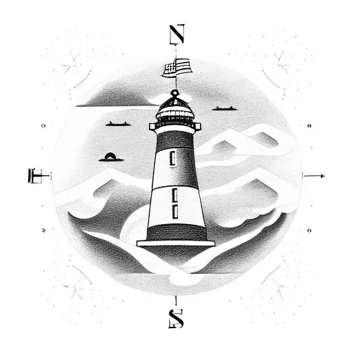 lighthouse compass old wooden ship Poseidon  tattoo design idea