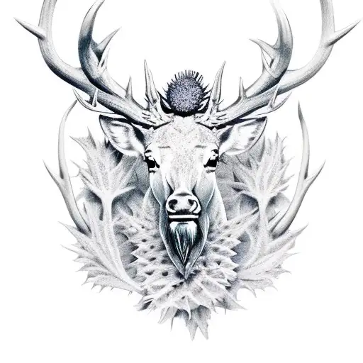 stags head with thistle tattoo design idea