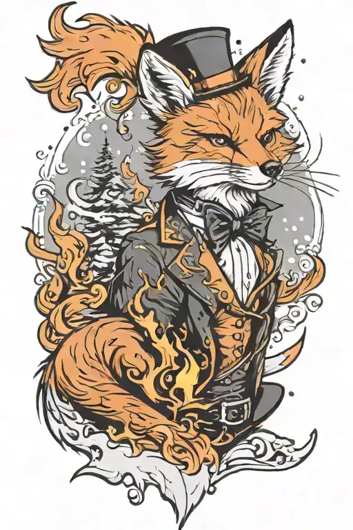 A sly fox exuding flames in a top hat, against the backdrop of a Christmas tree, with snow and cold all around tattoo design idea