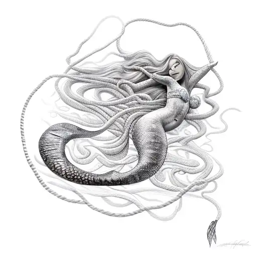 Mermaid tangled in shibari ropes surrounded by ocean creatures tattoo design idea