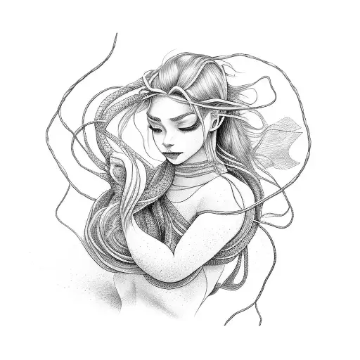 Shibari-inspired mermaid tangled in oceanic ropes tattoo design idea