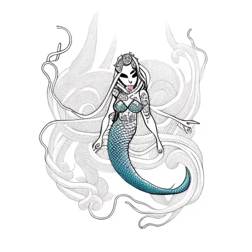 Shibari-inspired mermaid tangled in oceanic ropes tattoo design idea
