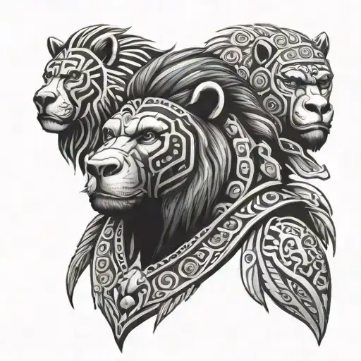 Taino female warrior bear, lion and gorilla  tattoo design idea
