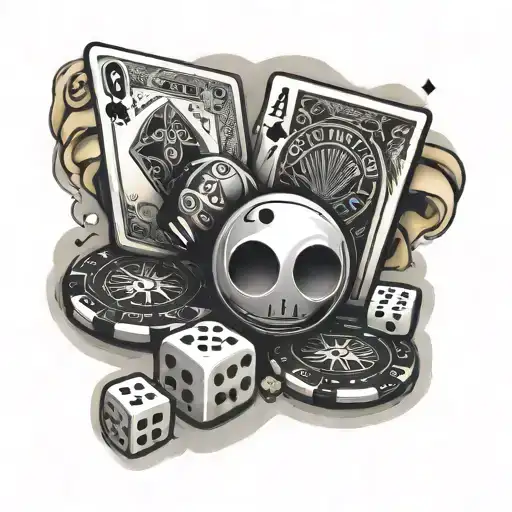 take the risk 2 beat the odds with dice, 8 ball and mask with money symbol as the eyes and poker chips  tattoo design idea
