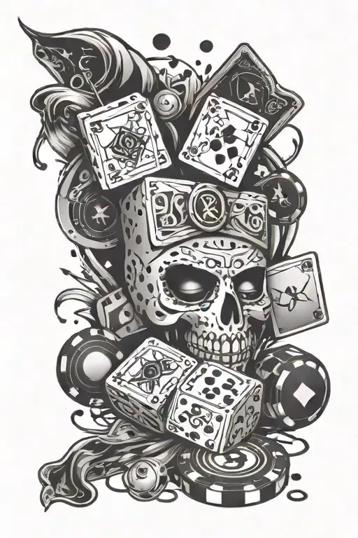 take the risk 2 beat the odds with dice, 8 ball and mask with money symbol as the eyes and poker chips  tattoo design idea