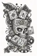 take the risk 2 beat the odds with dice, 8 ball and mask with money symbol as the eyes and poker chips  tattoo design idea