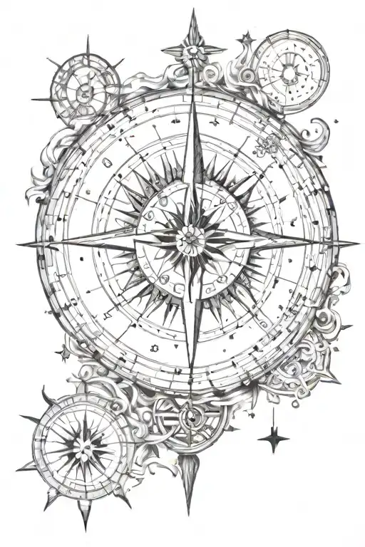 A celestial tattoo of constellations forming the shape of a guiding compass, with the sun and moon in the background tattoo design idea
