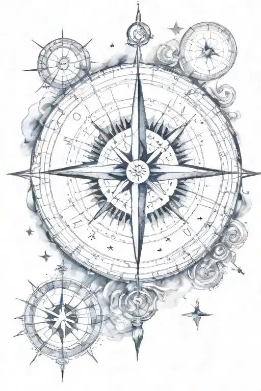 A celestial tattoo of constellations forming the shape of a guiding compass, with the sun and moon in the background tattoo design idea